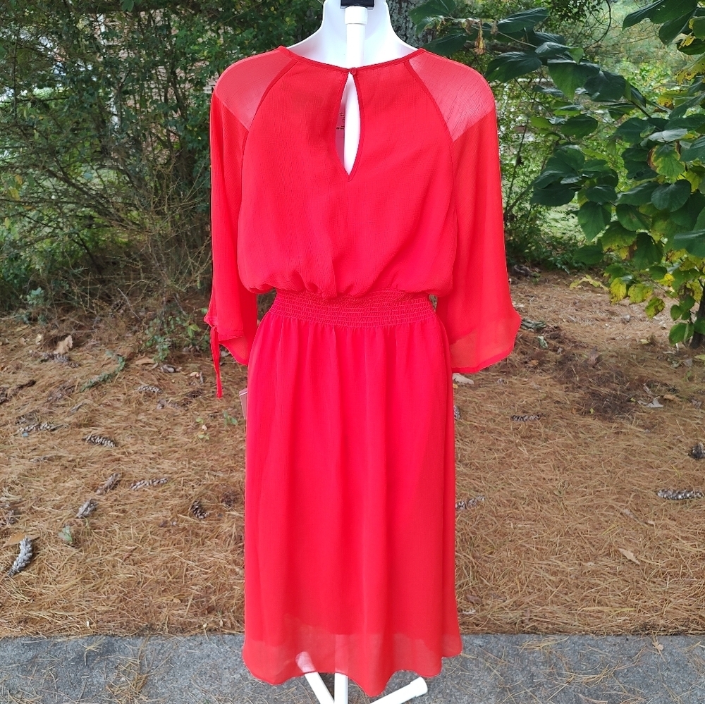 Maggie London Gauze Chiffon Smocked Waist Midi Dress Red Women's Size 8 - Picture 7 of 12